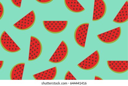 Seamless watermelon pattern with heart seeds. Vector illustration.