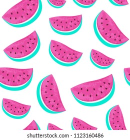 Seamless Watermelon Pattern isolated on white. Fresh fruits seasonal background flat style. Vector illustration eps 10 file