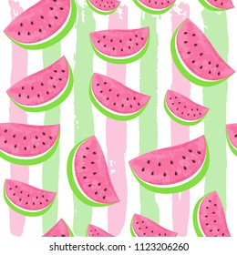 Seamless Watermelon Pattern isolated on hand drawn brush background. Fresh fruits seasonal background flat style. Vector illustration eps 10 file