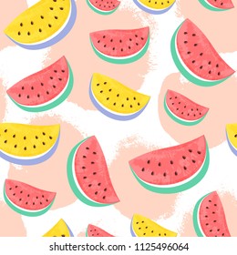 Seamless Watermelon Pattern isolated on hand drawn brush background. Fresh fruits seasonal background flat style. Vector illustration eps 10 file