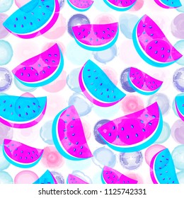 Seamless Watermelon Pattern isolated on the watercolor dotted background. Fresh fruits seasonal background flat style. T-shirt, textile, print production. Vector illustration eps 10 file