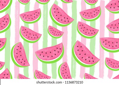 Seamless Watermelon Pattern isolated on hand drawn brush background. Fresh fruits seasonal background flat style. Vector illustration eps 10 file