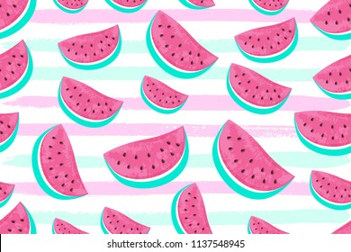 Seamless Watermelon Pattern isolated on hand drawn brush background. Fresh fruits seasonal background flat style. Vector illustration eps 10 file