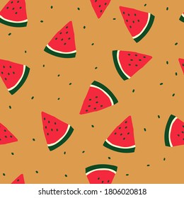 Patrón de sandía sin foco. Unas jugosas sandías sobre un fondo naranja. La impresión es apta para textiles .