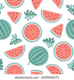 Seamless Watermelon pattern in modern flat style for wrapping paper wallpaper textile. Fresh and juicy watermelons. Watermelon vector illustration.