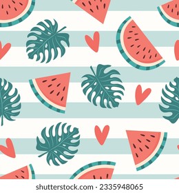 Seamless watermelon pattern with monstera leaves