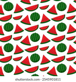 Seamless watermelon pattern with natural elements. Tropical fruit wallpaper.