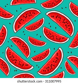 Seamless watermelon pattern on a blue background.
