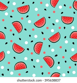 Seamless watermelon pattern on blue background with watermelon seeds and red and white dots. Vector. Great for textile, wallpaper, wrapping paper.