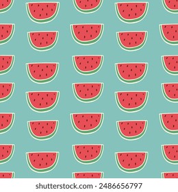 Seamless watermelon pattern on green background for summer design with watermelon slices.