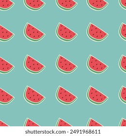 Seamless watermelon pattern on green background for summer design with watermelon slices.