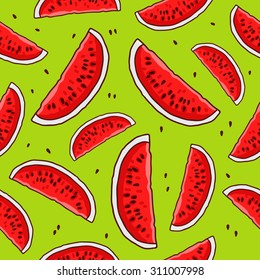 Seamless watermelon pattern on a green background.