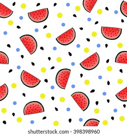 Seamless watermelon pattern on white background with watermelon seeds and blue and yellow dots. Great for textile, wallpaper, wrapping paper.
