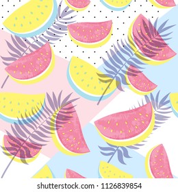 Seamless Watermelon Pattern with palm leaves isolated on abstract geometric background. Tropic seasonal background flat style. Vector illustration eps 10 file