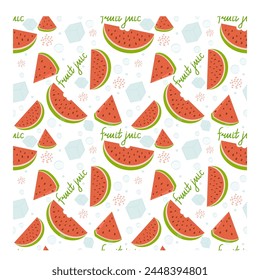 Seamless watermelon pattern. Pieces of juicy watermelon and a piece of ice. Wrapping paper, textile, vector illustration