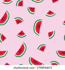 Seamless watermelon pattern. Pink background, ripe pieces of watermelon. The print is well suited for Wallpaper.