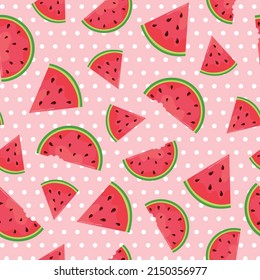 Seamless watermelon pattern with polka dots on pink background. Vector flat  illustration with watermelon slices in bright summer colors. Good for fabric print, wrapping paper, wallpapers, cards.