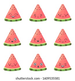 Seamless watermelon pattern. Set in kawaii style. Wrap, design, fabric texture, background. Vector flat illustration