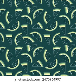 Patrón de sandía sin costuras. Rebanadas de sandía en estilo de arte de línea sobre fondo verde oscuro. Ilustración vectorial. Perfecto para Fondos de pantalla, textiles y decoración.