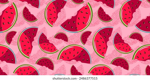 Seamless watermelon pattern. Watermelon slices on a pink background. Summer background.