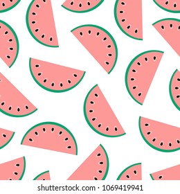 Seamless watermelon pattern. Slices with pink flesh and black seeds. Summer  bright Vector illustration good for printing.