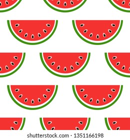 Seamless watermelon pattern. Slices with red flesh and black seeds. Summer  bright Vector illustration good for printing.