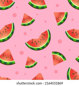 Seamless watermelon pattern. Vector background with watermelon slices. Cute seamless vector pattern with sliced watermelons and pink dots.