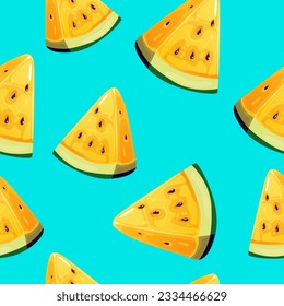 Seamless watermelon pattern. Vector background with slices of cartoon yellow watermelon. Fashionable food artistic textiles. for fabric