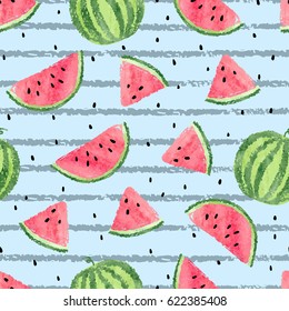 Seamless watermelon pattern. Vector striped summer background with watercolor watermelon slices.