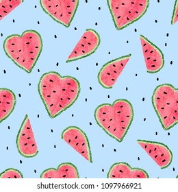 Seamless watermelon pattern. Vector summer background with watercolor heart shaped watermelon slices.