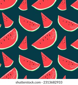 Seamless watermelon pattern. Vector summer background with flat fruit slices. Print for textile, fabric, wrapping paper