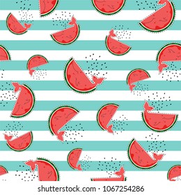 Seamless watermelon pattern, whale, summer. Vector illustration.
