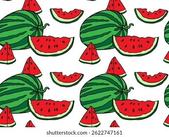 Seamless watermelon pattern with whole fruits and slices in a playful cartoon style. Perfect for summer textiles, packaging, wrapping paper, and kids' designs.