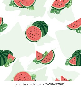 Seamless Watermelon Pattern with Whole Fruits, Slices, Leaves and Watercolor Stains – Vector Background for Kids, Summer Decor, Watermelon Day and Home Textile Design
