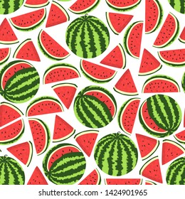 Seamless watermelon pattern. Whole and sliced ripe juicy watermelons on white background.