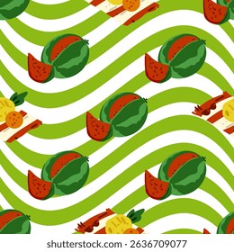 Seamless Watermelon Picnic Food Pattern. Seamless pattern with cartoon watermelons, fruit slices and picnic snacks on green and white wavy background. Flat style, vivid summer palette.