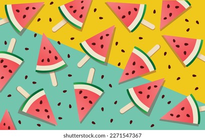 Patrón de paletas de sandía sin foco sobre fondo amarillo y de ternera. Vector perfecto para un fondo de verano con rodajas de sandía dispersas.