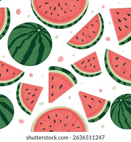 Seamless Watermelon Slice Pattern with Green Leaves on White Background – Flat Vector Fruit Design for Kids, Summer Holidays, Seasonal Decor, Fabric and Home Textile Projects