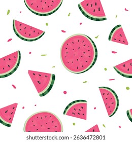 Seamless Watermelon Slice Pattern on White Background – Flat Vector Summer Fruit Illustration for Kids, Seasonal Decor, Holiday Projects and Textile Design

