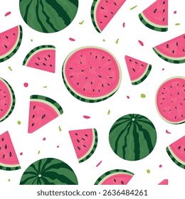 Seamless Watermelon Slice Pattern on White Background – Flat Vector Summer Fruit Illustration for Kids, Seasonal Decor, Holiday Projects and Textile Design

