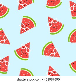 Seamless watermelon slice smiling with glasses on blue background. Vector illustration