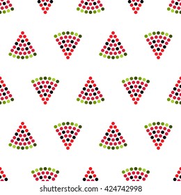 Seamless watermelon slices dotted pattern. Mosaic of fruit silhouette. Summer motif. Abstract colorful background. Vector illustration. 