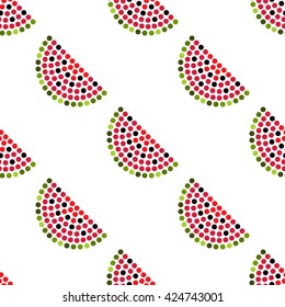 Seamless watermelon slices dotted pattern. Mosaic of fruit silhouette. Summer motif. Abstract colorful background. Vector illustration. 