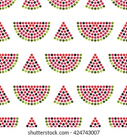 Seamless watermelon slices dotted pattern. Mosaic of fruit silhouette. Summer motif. Abstract colorful background. Vector illustration. 
