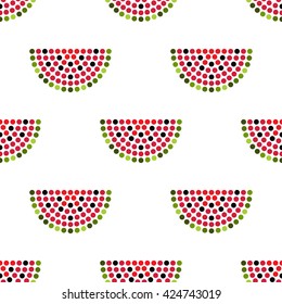 Seamless watermelon slices dotted pattern. Mosaic of fruit silhouette. Summer motif. Abstract colorful background. Vector illustration. 