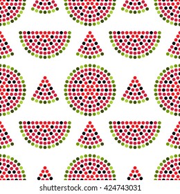 Seamless watermelon slices dotted pattern. Mosaic of fruit silhouette. Summer motif. Abstract colorful background. Vector illustration. 