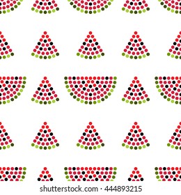 Seamless watermelon slices dotted pattern. Mosaic of fruit silhouette. Summer motif. Abstract colorful background. Vector illustration. 