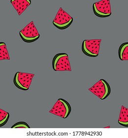 Seamless watermelon slices with grey background vector illustration pattern design for fabric, textile, gift wrapping, background, wallpaper, bullet journal, scrapbooking