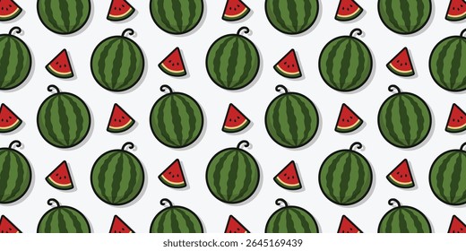 Seamless watermelon and slices pattern. Fun vector background for summer themes and food designs. Playful fruit illustration. sstkBackgrounds