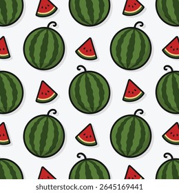 Seamless watermelon and slices pattern. Fun vector background for summer themes and food designs. Playful fruit illustration. sstkBackgrounds